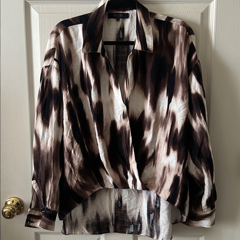 Rachel Roy Womens Long Sleeve Abstract Tie Dye V-Neck Billowy Chic Top Size XL